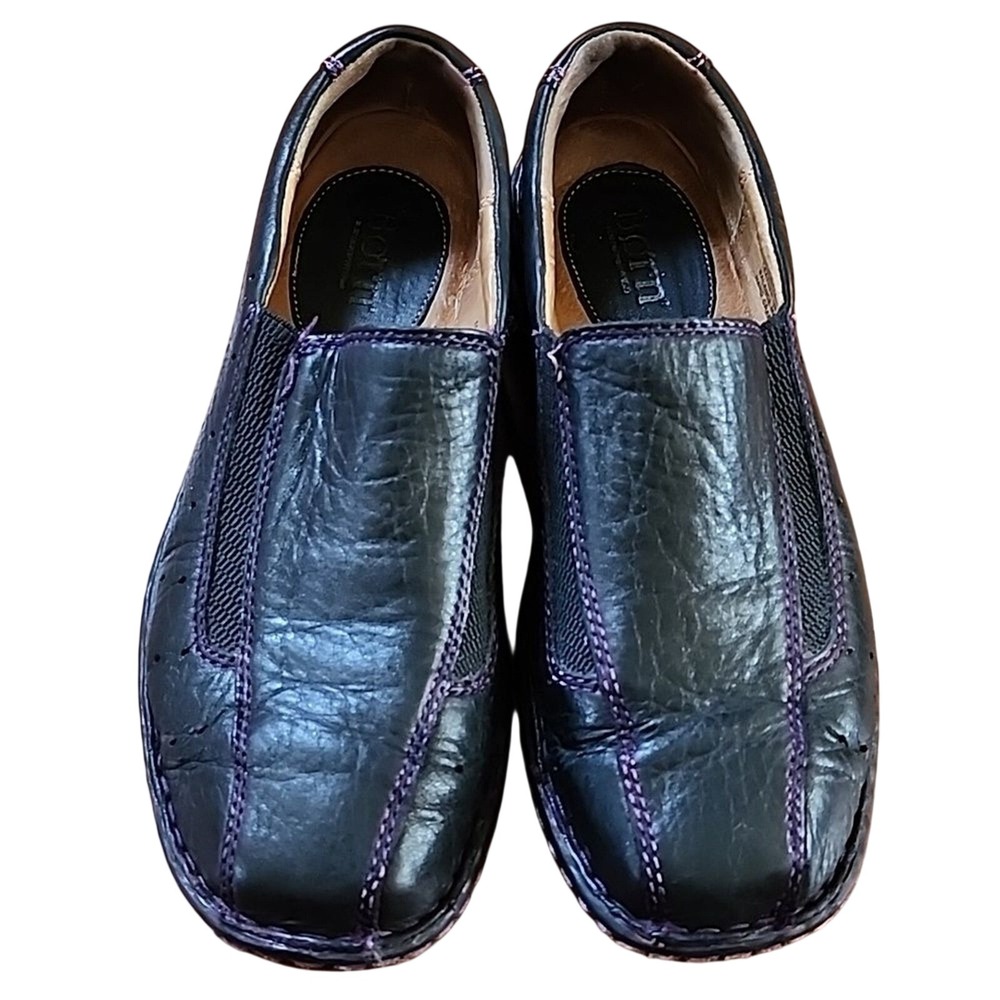 Born Slip On Loafers Womens 9 Black Purple Stitch pebbled Leather Driving Mocs